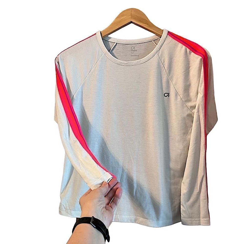 🌴 GapFit Tape Long Sleeve Tee Ivory Frost Girls Large Orange & Fuscia Stripe